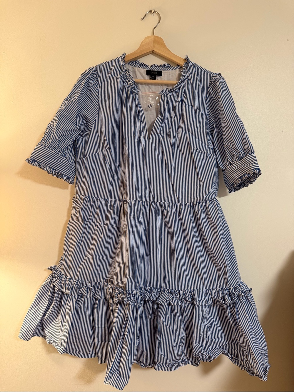 J.Crew Blue White Striped Ruffle Tiered Mini Dress Size L